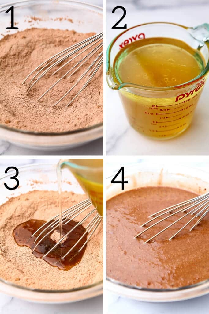 A collage of 4 pictures showing the process of mixing dry ingredients, wet ingredients, and then combining the 2 to make vegan chocolate cake batter.