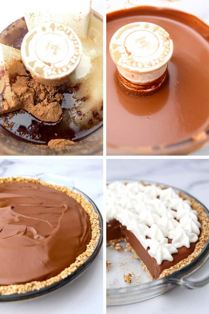 A collage of 4 images showing the process steps of blending the tofu and chocolate to make a tofu chocolate cream pie.