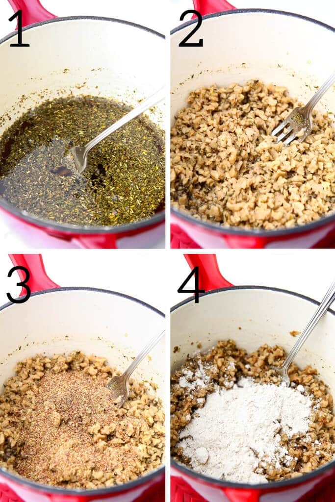 A collage of 4 pictures showing the process steps for making a vegan broth, rehydrating TVP, adding flax meal, and adding oat flour to make vegan meatballs.
