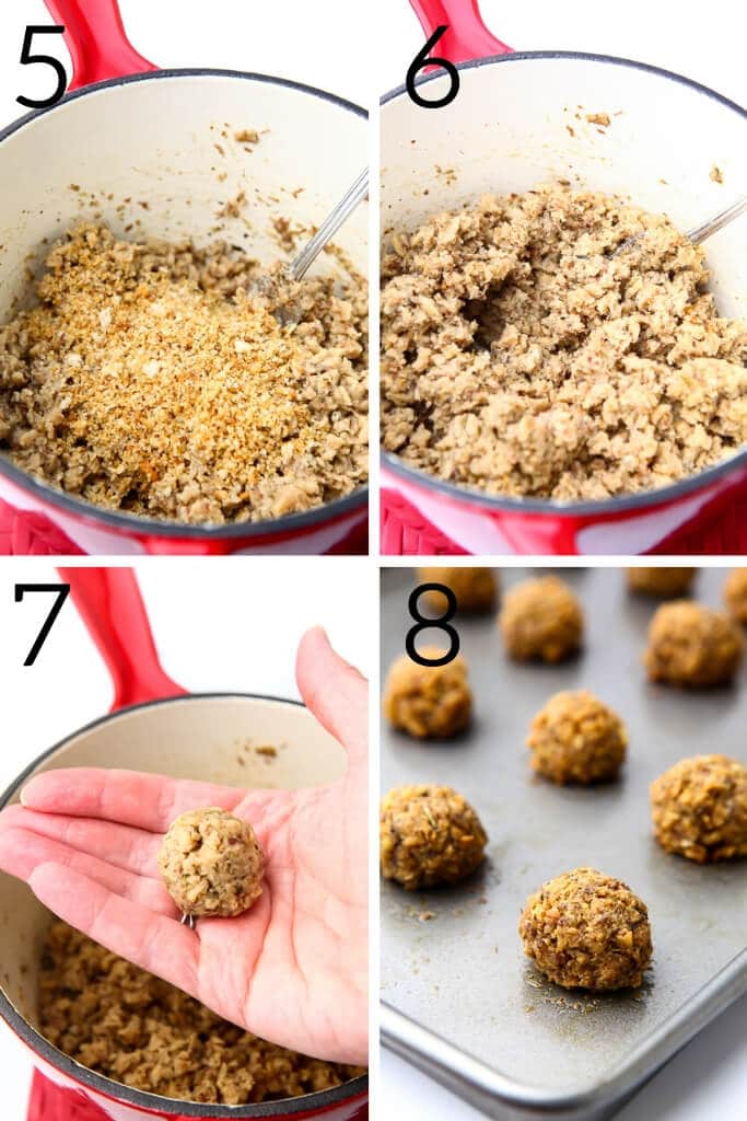 A collage of 4 pictures that show the process steps of adding breadcrumbs to the TVP mixture, stirring it, and forming it into meatballs that are put on a cookie sheet to be baked.