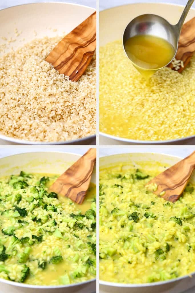 A collage of 4 images showing the process of heating the rice in oil, adding the broth and broccoli, and stirring until creamy.