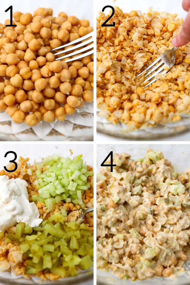 A collage of 4 pictures showing the process of mashing chickpeas and adding the ingredients to make chickpea salad to make into sandwiches.