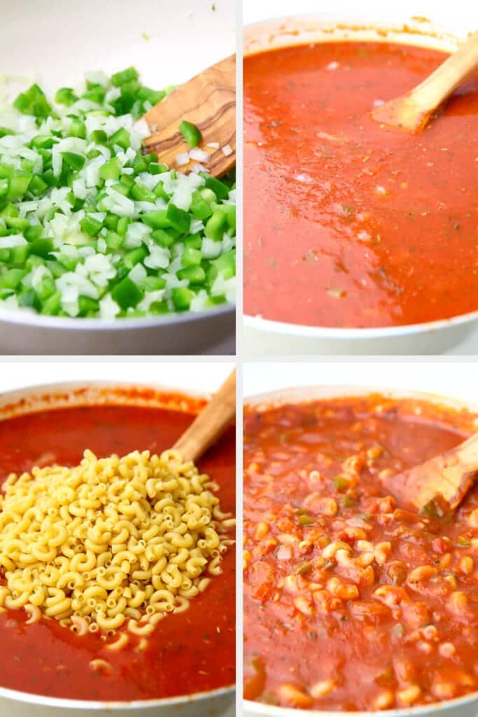 A collage of 4 images that show the process of cooking the green peppers, adding the tomato sauce and macaroni and cooking to make vegan goulash.