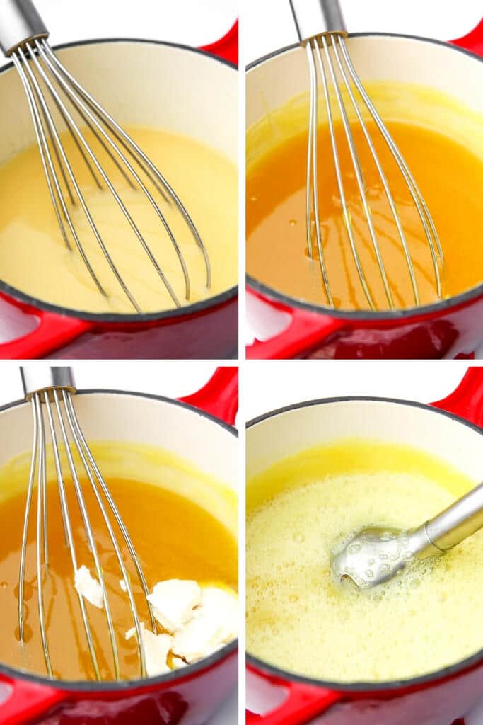 A collage of 4 pictures showing the process steps of making the lemon curd filling by cooking the sauce, adding tofu, and blending it to make vegan lemon bars.