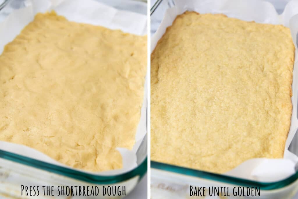 A collage of 2 pictures showing vegan shortbread in a baking dish before and after baking.