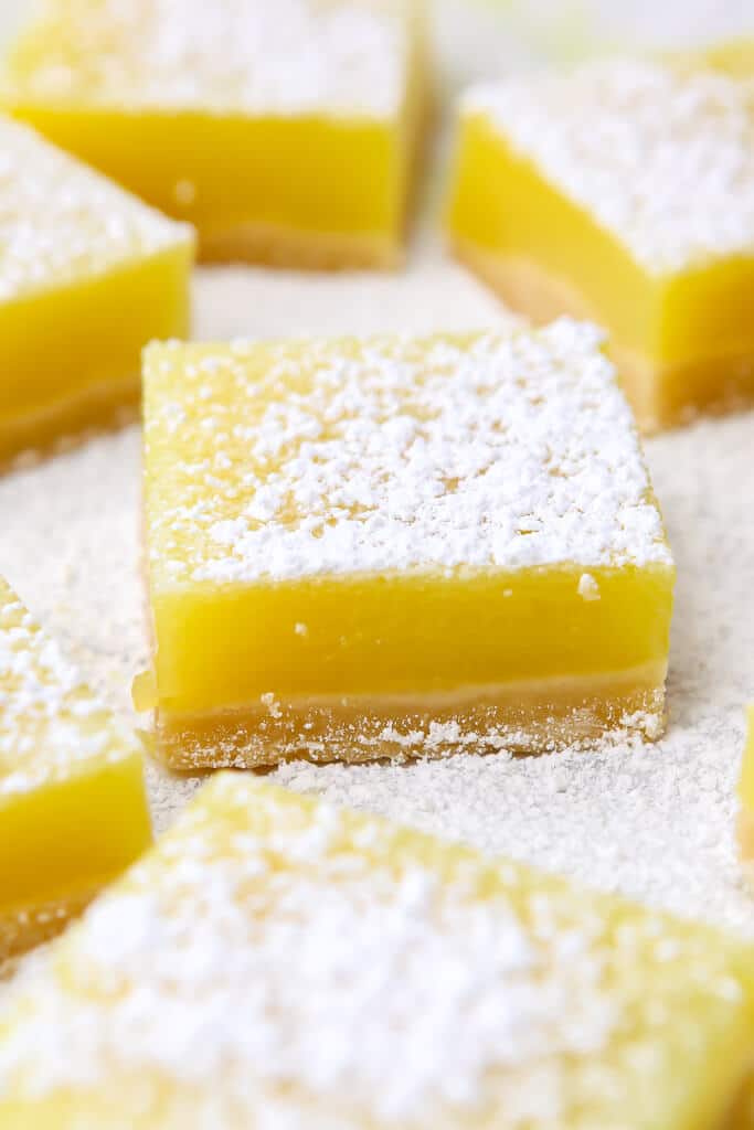 A close up of a top view of lemon squares.