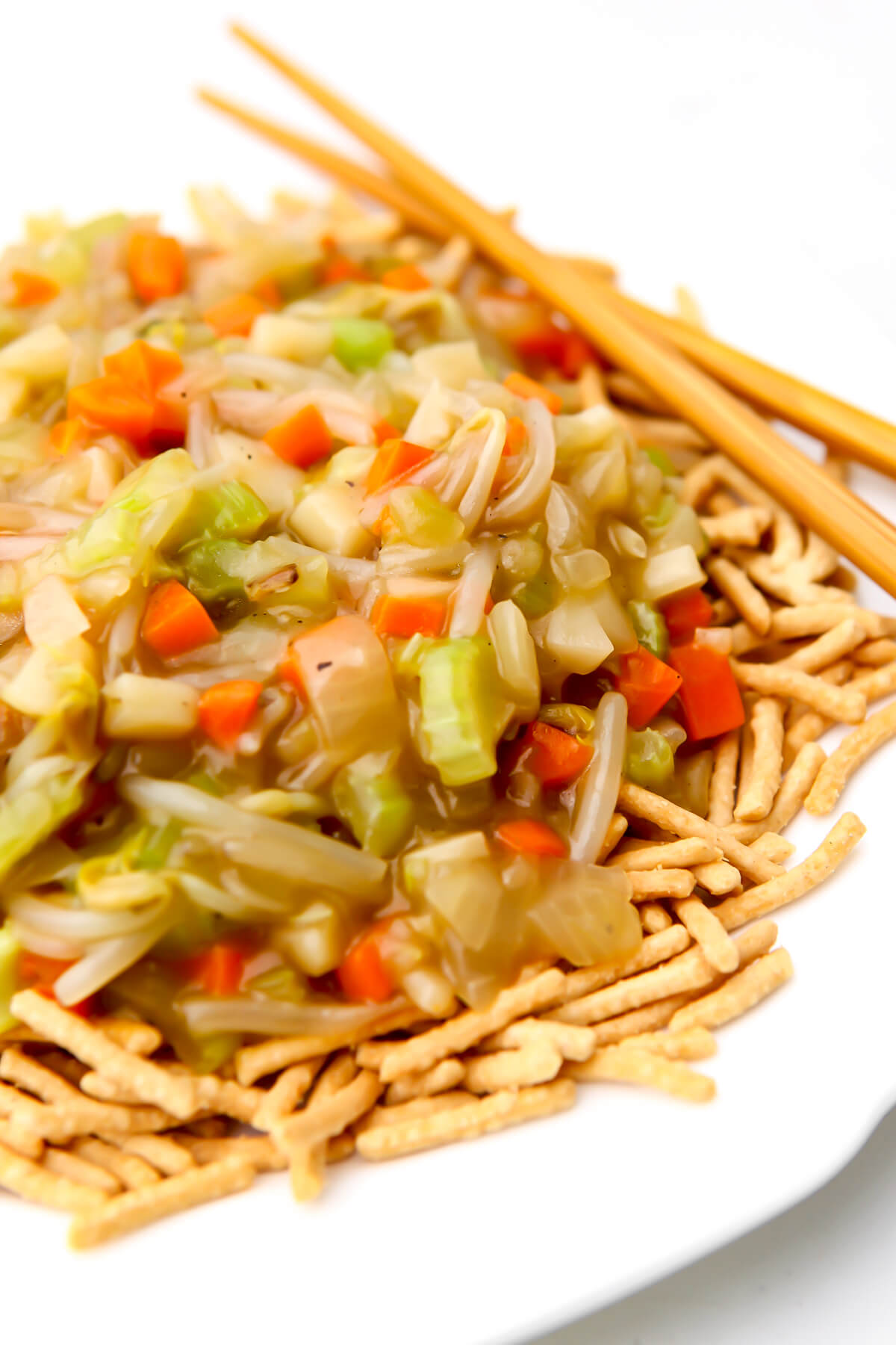 A close up of vegan chop suey served over crunchy chow mien noodles.