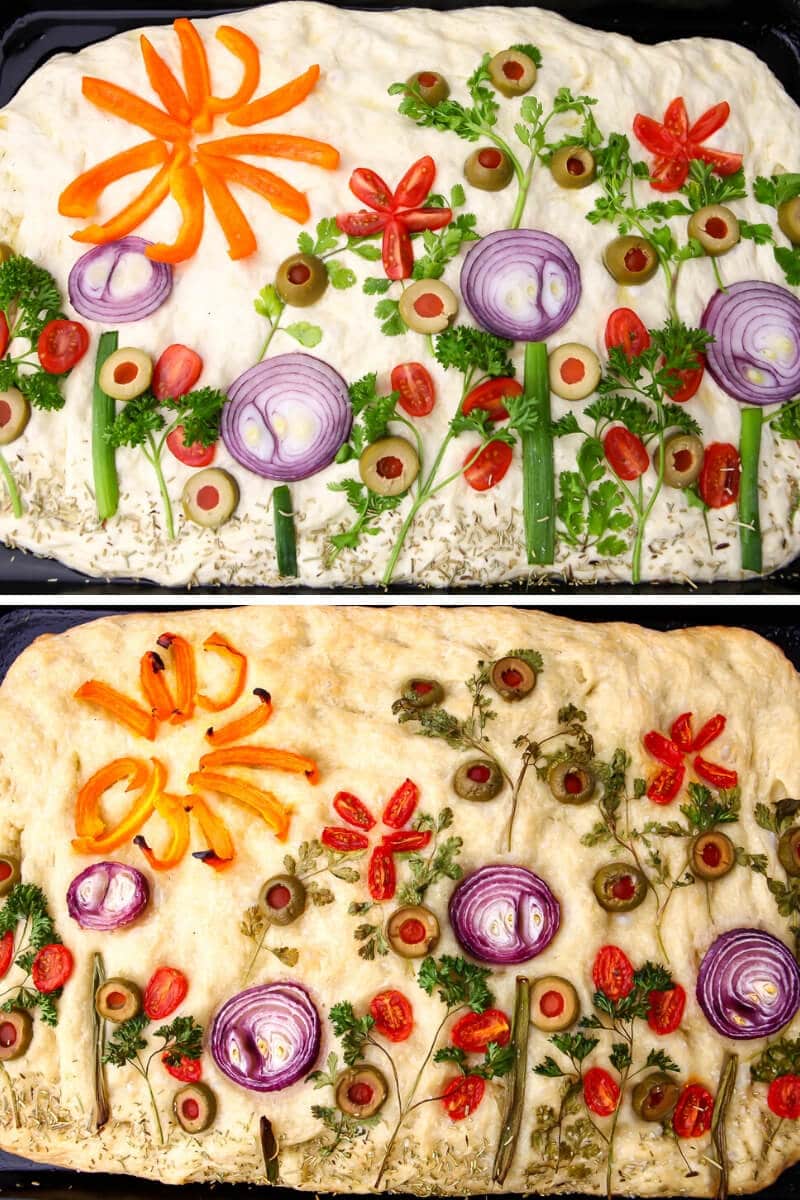 A collage of 2 pictures showing focaccia bread art before and after baking.