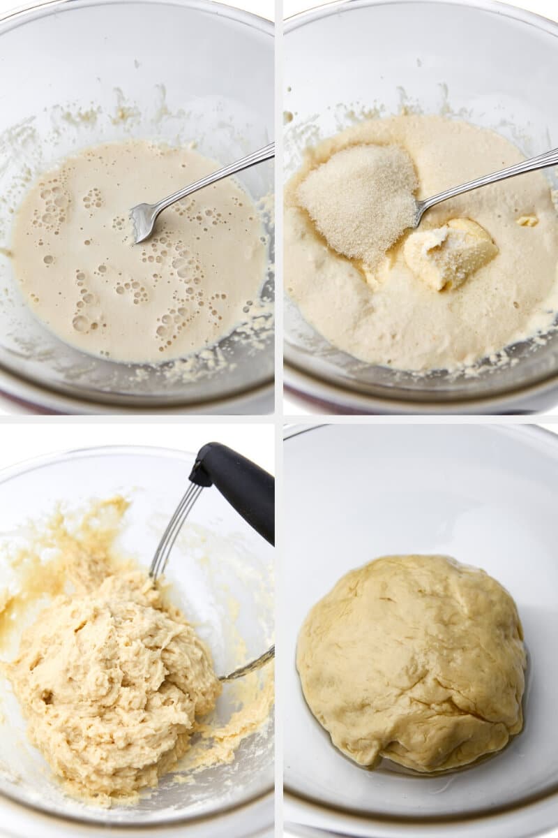 A collage of 4 pictures showing the process steps for making the dough for vegan cinnamon buns.