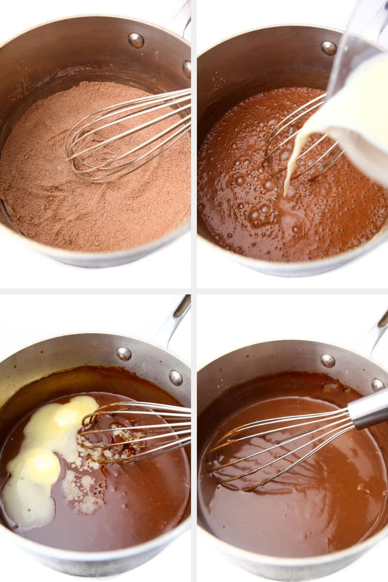 A collage of 4 pictures showing the process steps for making vegan chocolate pudding.