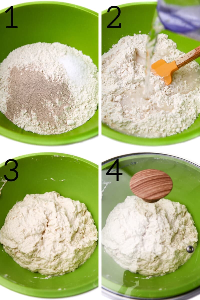 A collage of 4 pictures showing the process steps for making no-knead vegan focaccia dough.