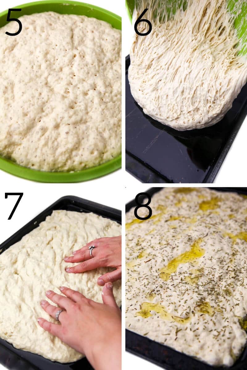A collage of 4 pictures showing the process steps of forming the focaccia dough into bread on an oiled cookie sheet and sprinkling it with olive oil, rosemary, and salt. 
