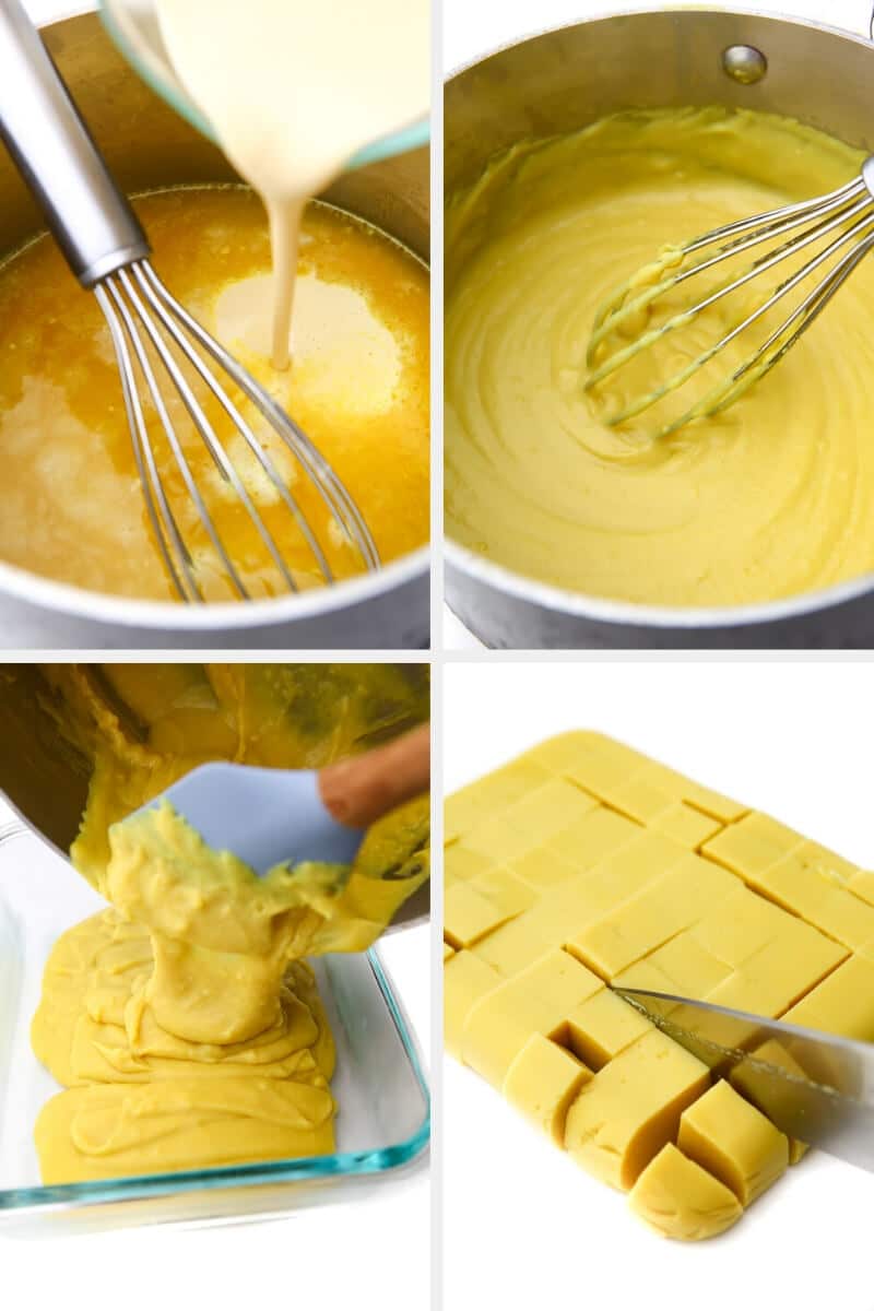 A collage of 4 pictures showing the process steps of cooking the chickpea flour batter, pouring it into a mold and cutting it into squares.