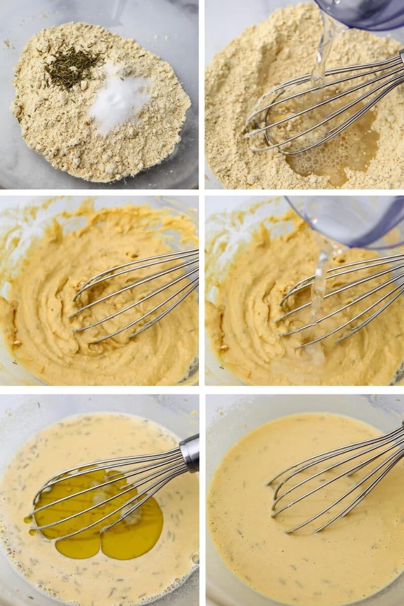 A collage of 6 pictures showing the process steps for making Socca batter by adding the chickpea flour, salt, and spices then adding the water and oil slowly until a smooth batter is formed.