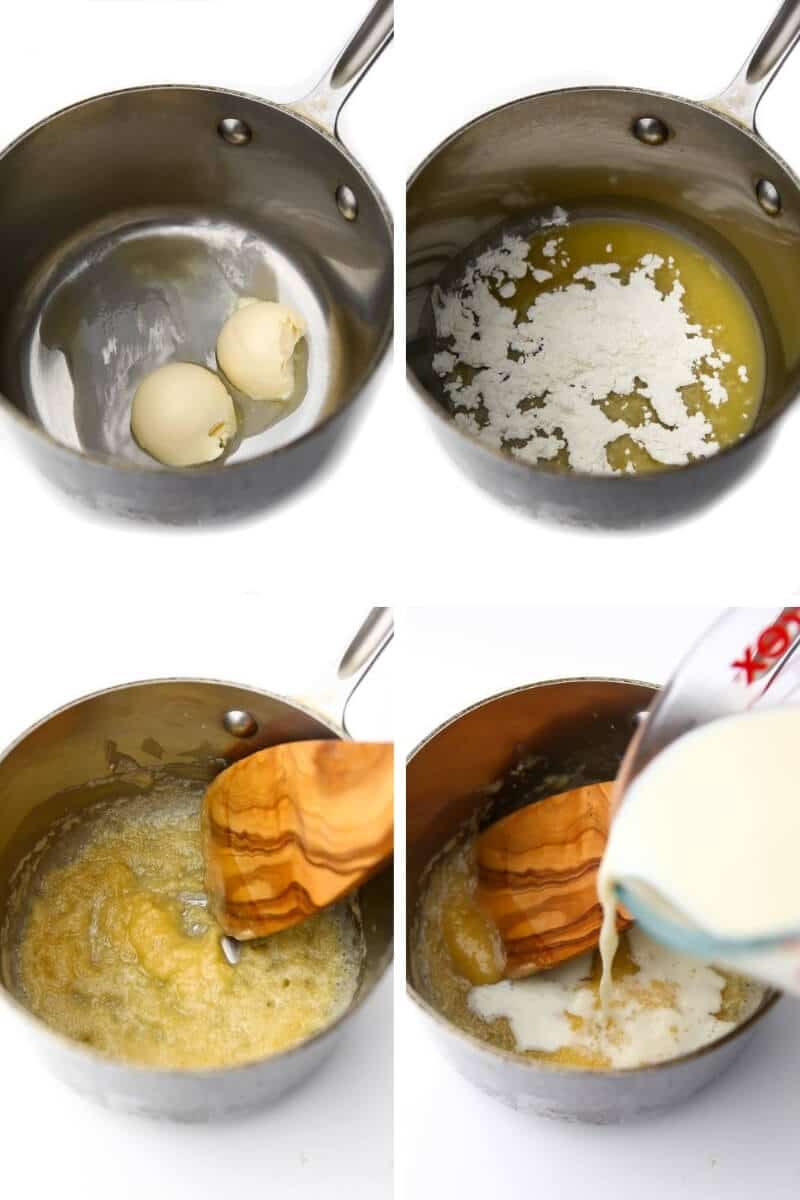 A collage of 4 pictures showing the process steps for making vegan Bechamel sauce.