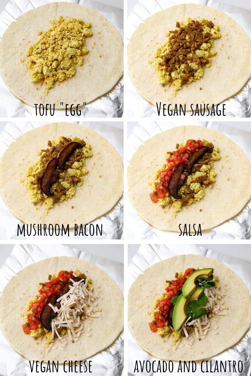 A collage of 6 pictures showing the process of assembling a vegan breakfast burrito with tofu egg, vegan sausage, mushroom bacon, salsa, vegan cheese, avocado, and cilantro. 