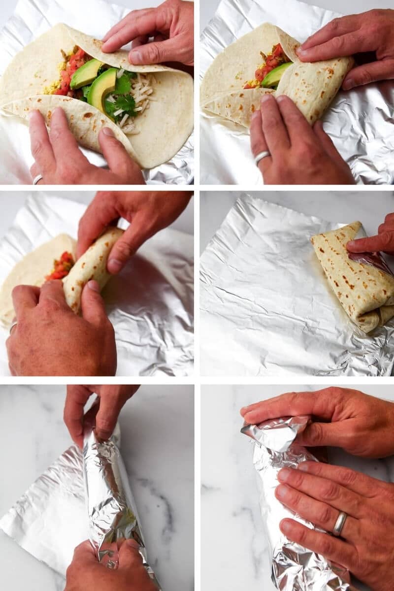 A collage of 6 pictures showing how to fold and wrap a burrito in order to freeze it.
