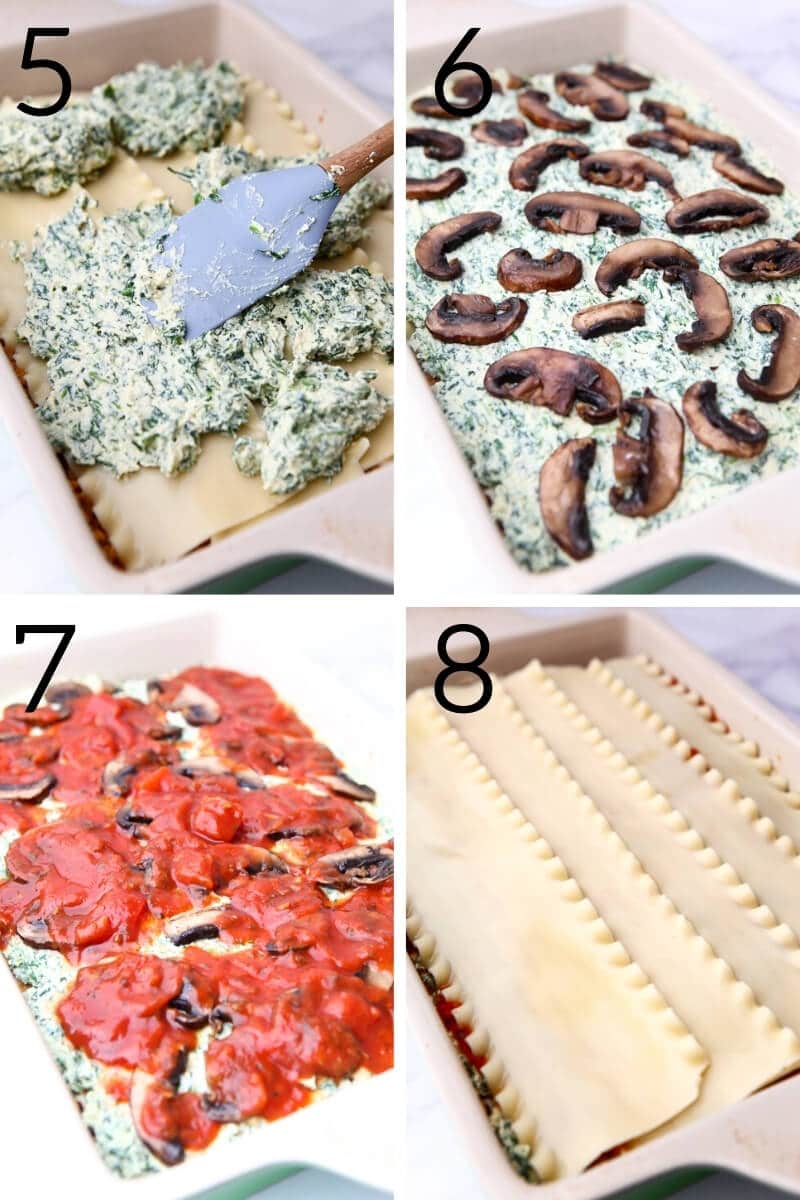 A collage of 4 pictures showing the process of layering tofu ricotta, mushrooms, sauce and more lasagna noodles.