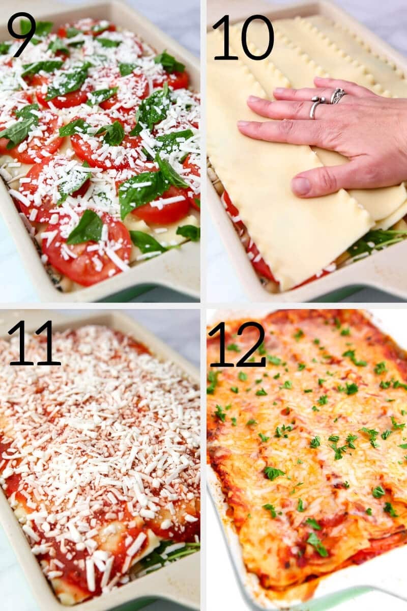 A collage of 4 pictures showing the process of layering sliced tomatoes, basil, vegan cheese, noodles, and baking the lasagna.