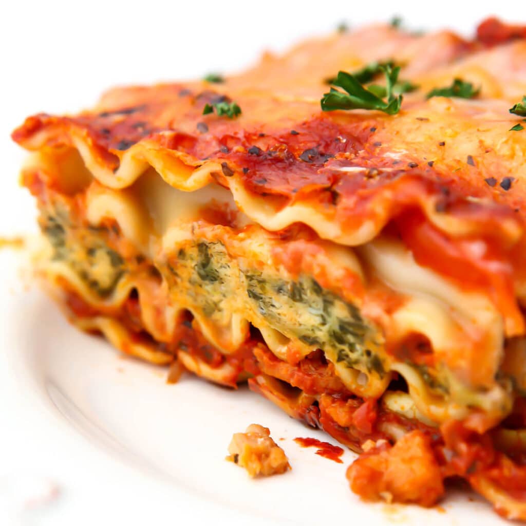 A close up of a piece of vegan lasagna.