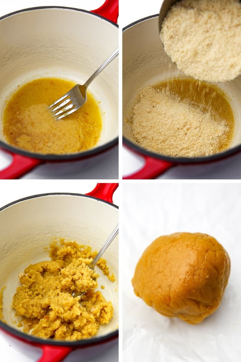 A collage of 4 pictures showing the process of heating water, oil, and spices, adding almond flour, and forming it into a ball to make almond cheese.
