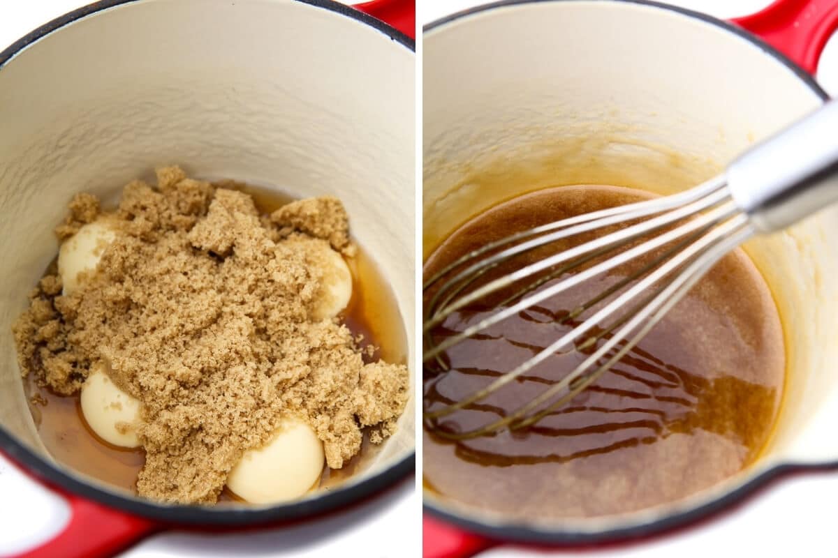 A collage of 2 pictures showing melting the vegan butter, brown sugar and maple syrup to make the caramel layer for the apple cake.