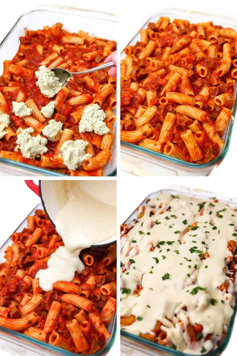 A collage of 4 pictures showing the process steps of adding dollops of tofu ricotta, the remaining noodles and sauce, and vegan béchamel sauce to a casserole dish.