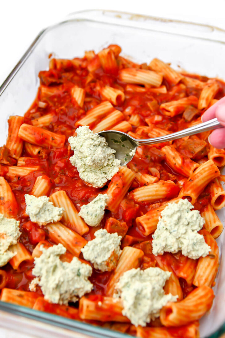 Vegan tofu ricotta added to the middle layer of baked ziti.