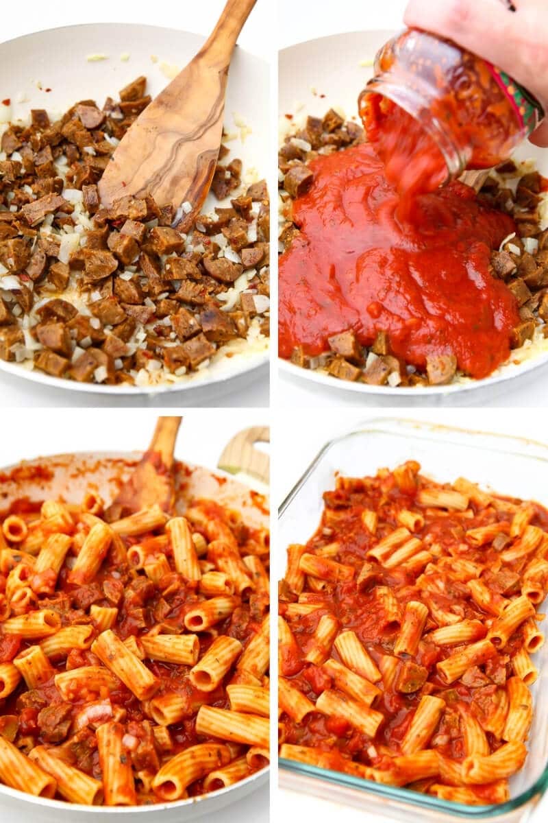 A collage of 4 four pictures showing the process steps of cooking diced onions, vegan sausage, and then adding sauce and pasta to make baked ziti.