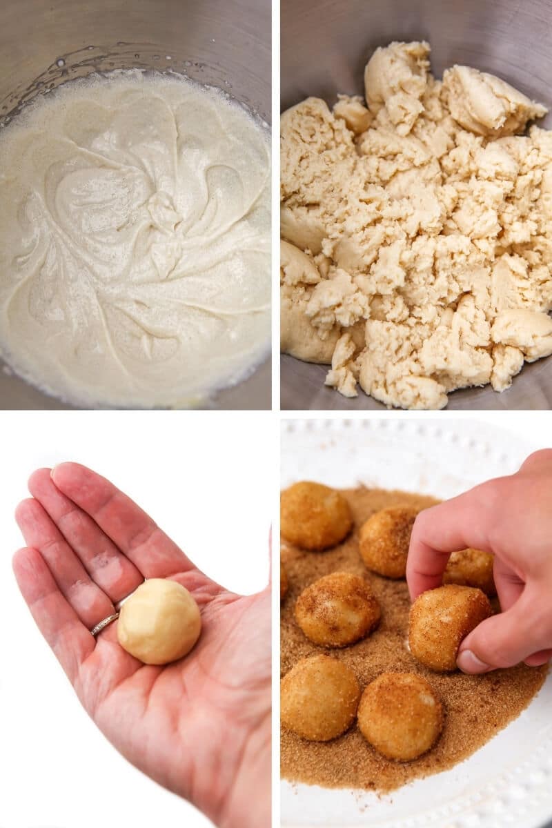 A college of 4 pictures showing the process steps of creaming the butter and sugar, adding the dry ingredients, rolling the dough into balls, and rolling the balls in cinnamon and sugar.