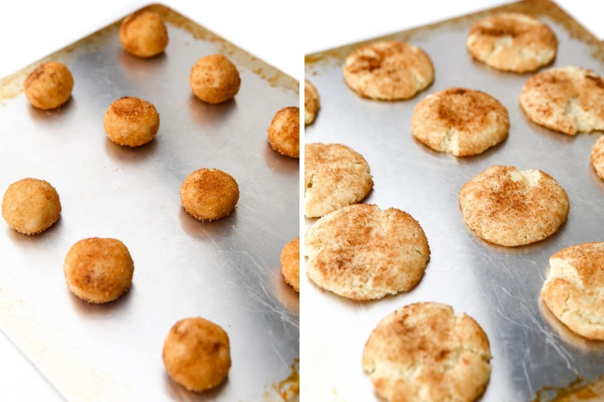 A collage of to pictures showing the dough balls on a cookie sheet before baking and the cookies after they have been baked.