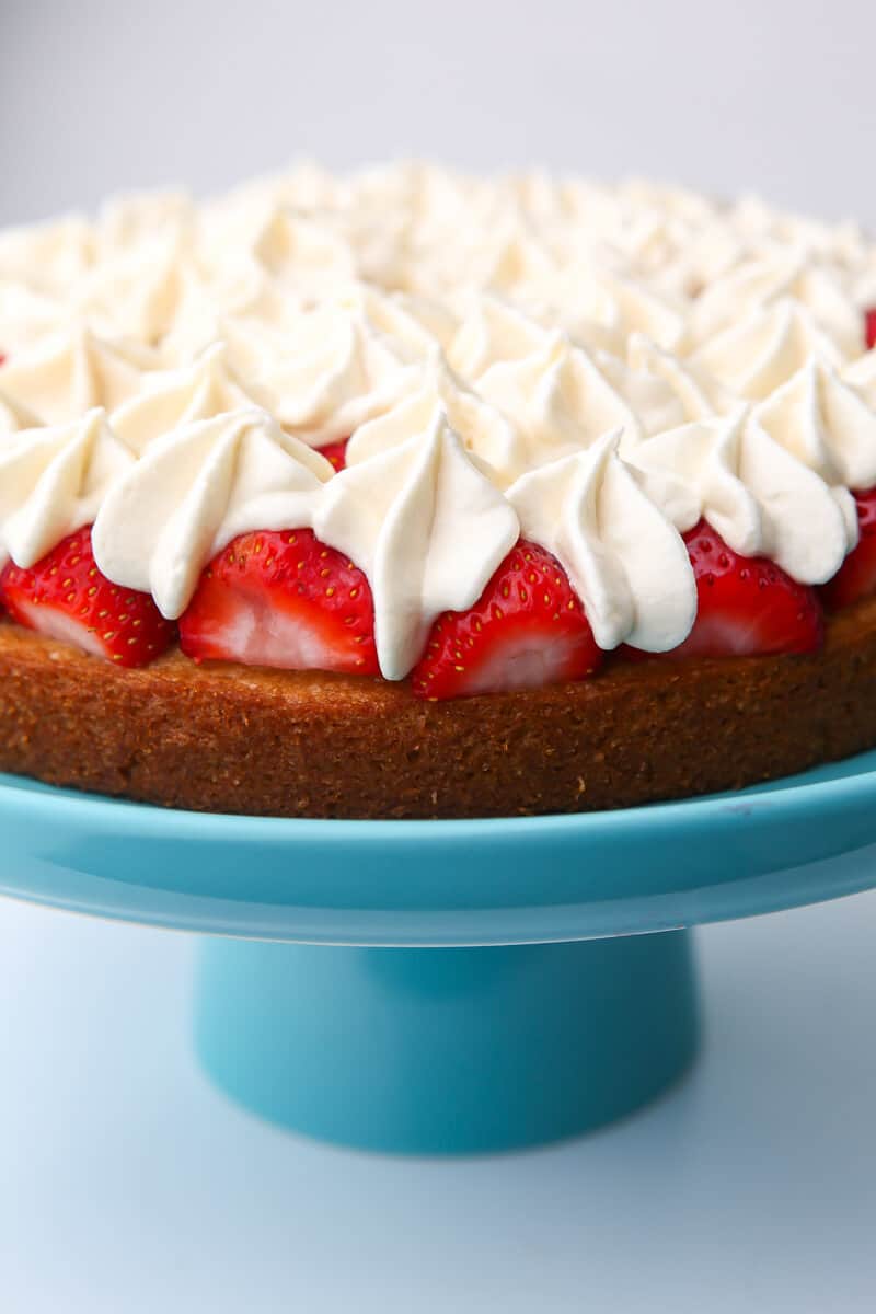 A vegan sponge cake in the process of being assembled with strawberries and cream on the first layer.