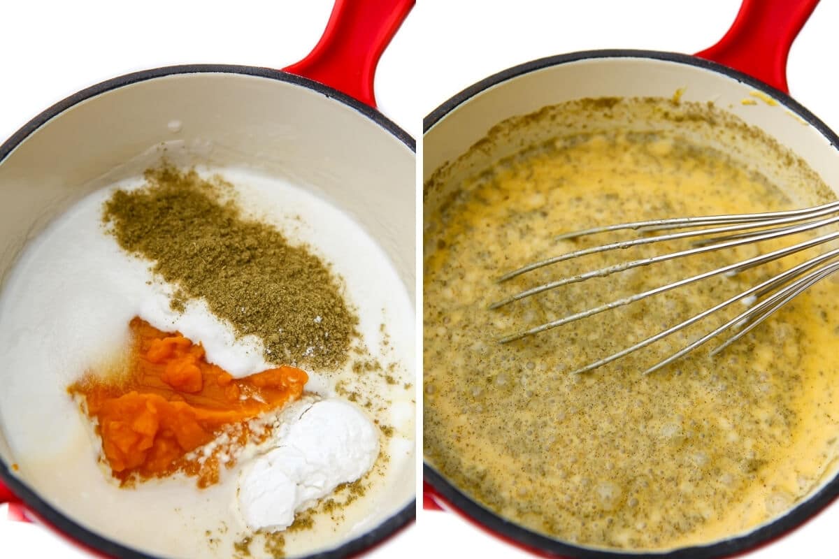 A collage of 2 pictures showing the process steps of making the vegan pumpkin pasta sauce with coconut milk and pumpkin puree before and after it has been stirred.