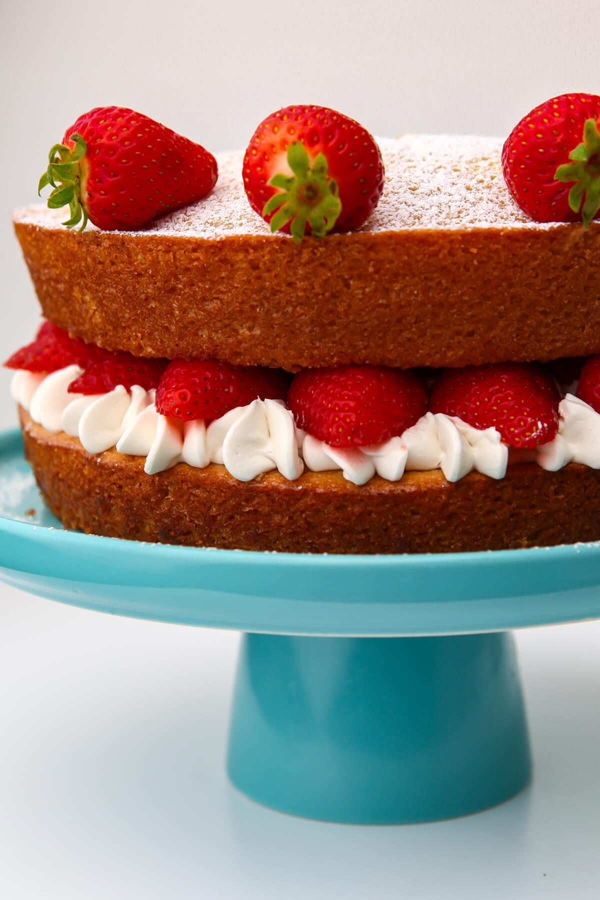 A double layer vegan sponge cake with strawberries and whipped cream.