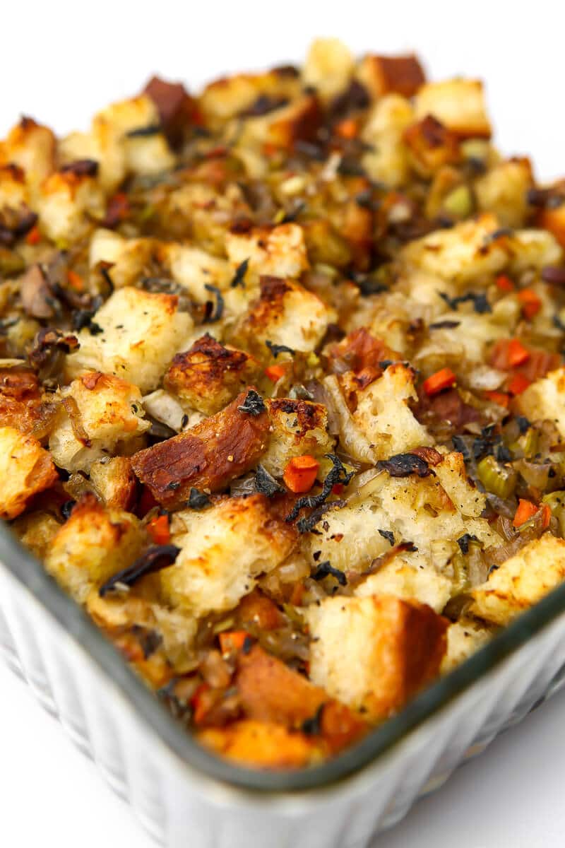 Vegan stuffing with onions, celery, carrots, and mushrooms after baking.