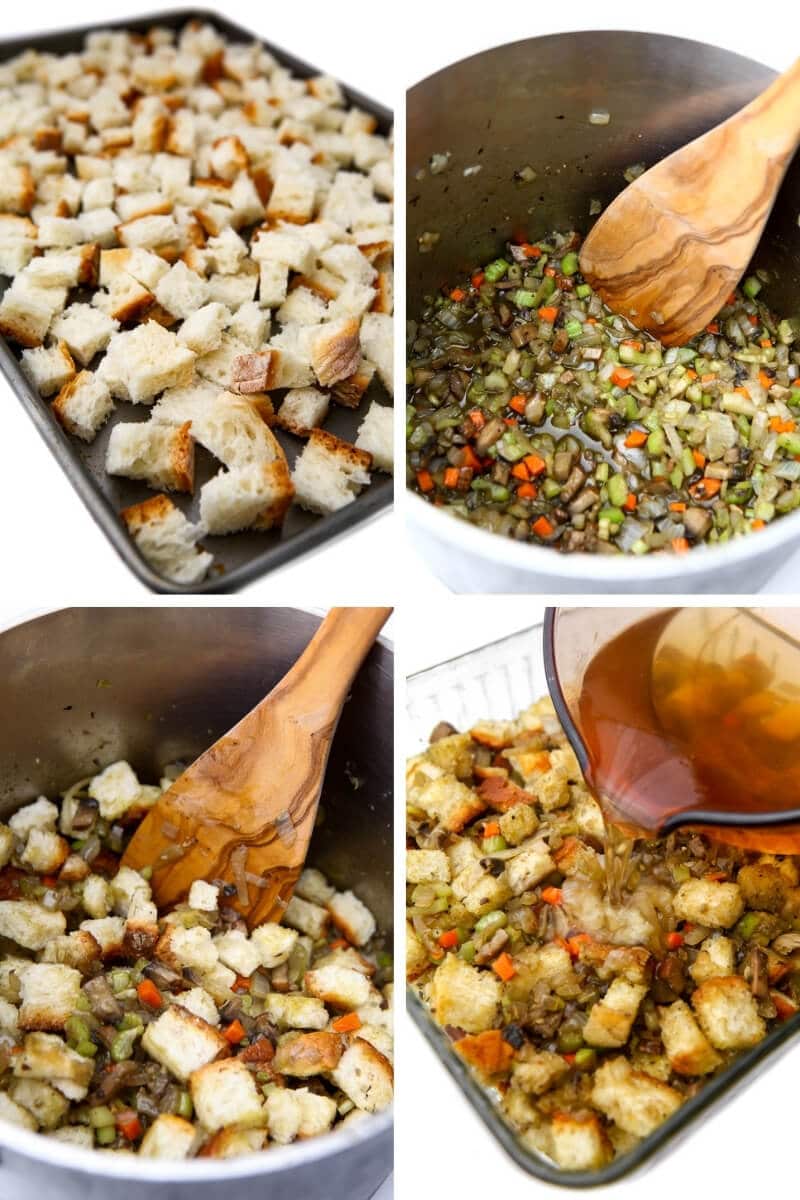 A collage of 4 pictures showing drying out bread cubes, sautéing veggies, adding the bread crumbs and the broth.