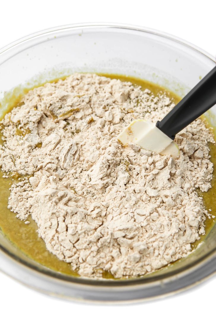 Vital wheat gluten added to blended chickpeas and broth to make vegan turkey seitan.