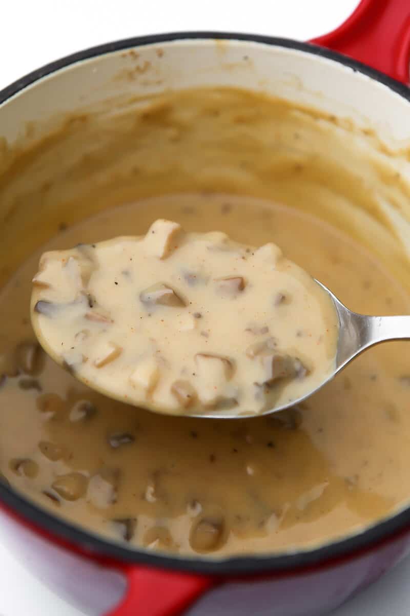 A small red saucepan filled with condensed cream of mushroom soup with a large spoon taking out a scoop of it.
