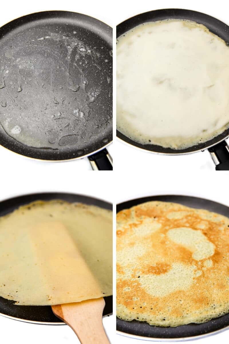 A collage of 4 pictures showing the process steps for making crepes by putting vegan butter on the pan, pouring the patter, flipping with a crepe spatula and cooking until golden.