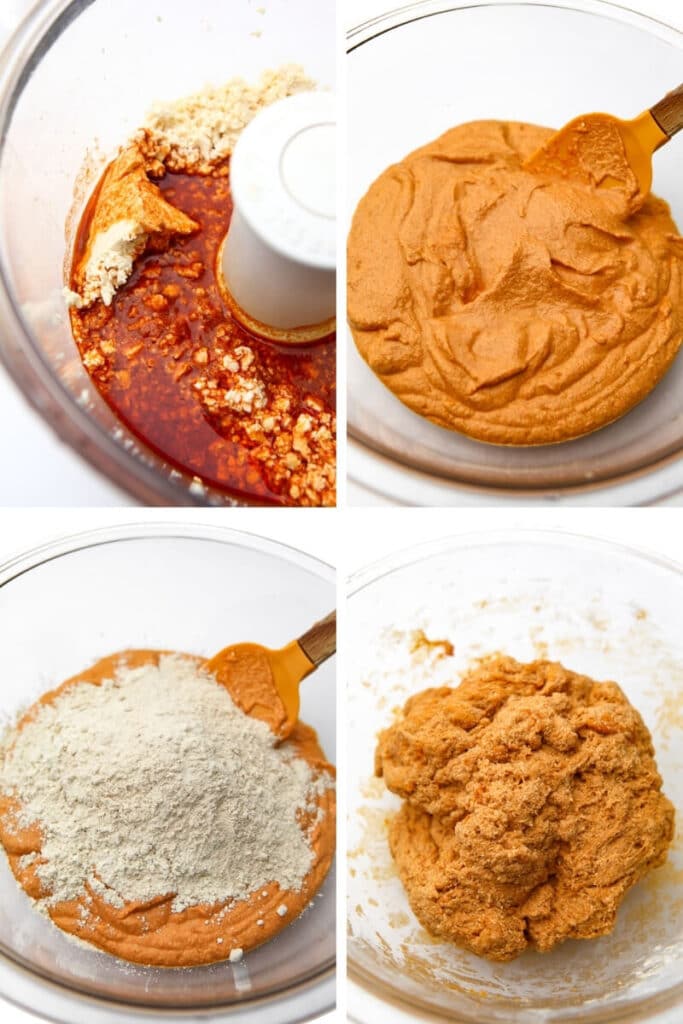 A collage of 4 pictures showing mixing tofu and broth and then adding wheat gluten to it to form a dough.