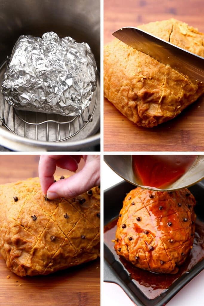 A collage of 4 pictures showing the process steps of steaming the vegan ham, cutting it, adding cloves, and pouring the basting glaze over it.