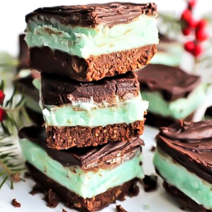 A stack of three vegan creme de menthe squares.