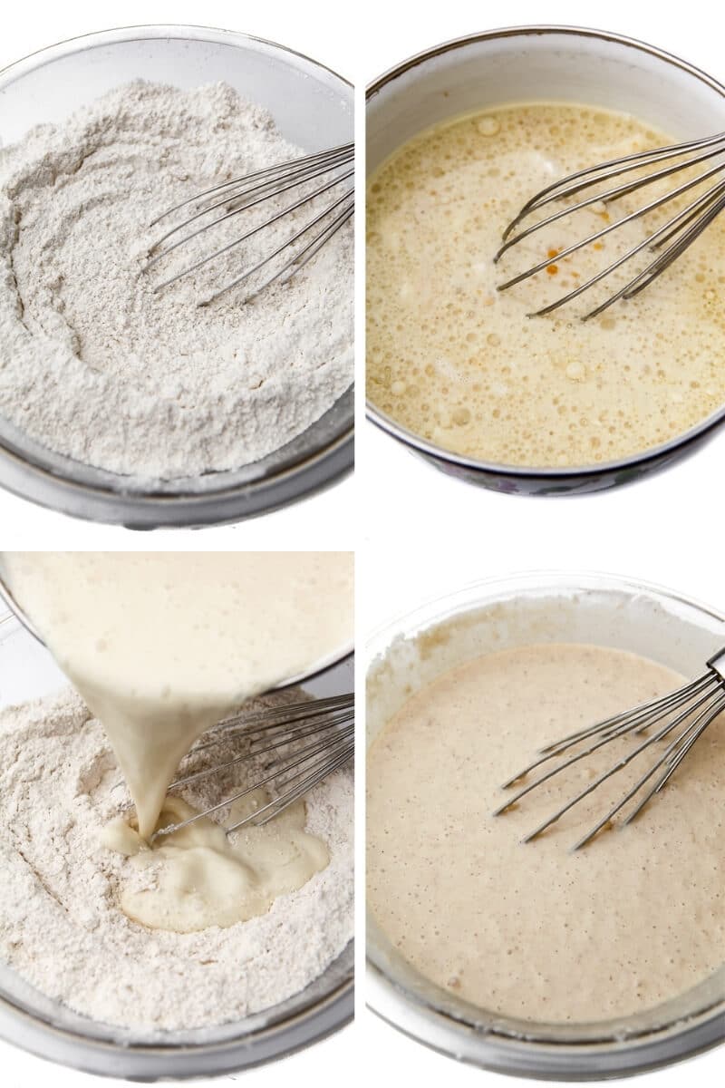 Un collage de 4 images montrant les étapes du processus de fabrication de la pâte pour le gâteau bundt végétalien.