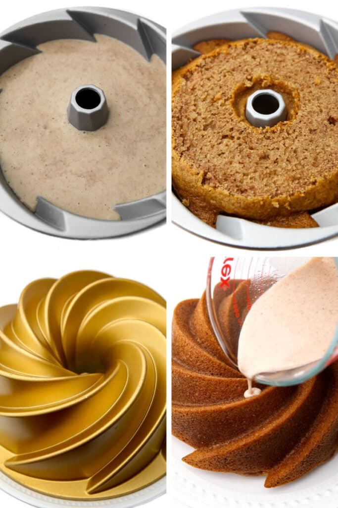 Un collage di 4 immagini che mostrano il processo di riempimento della padella con la pastella, la cottura della torta bundt, l'inversione della torta e il versamento della glassa sulla parte superiore.
