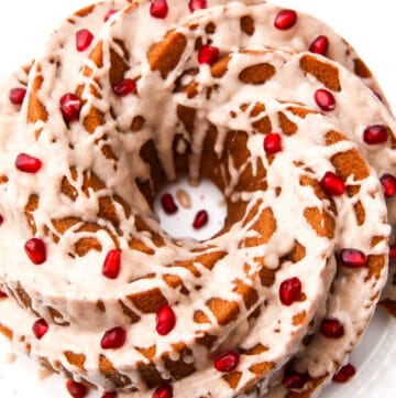 A top view of a vegan bundt cake with eggnog flavored icing.