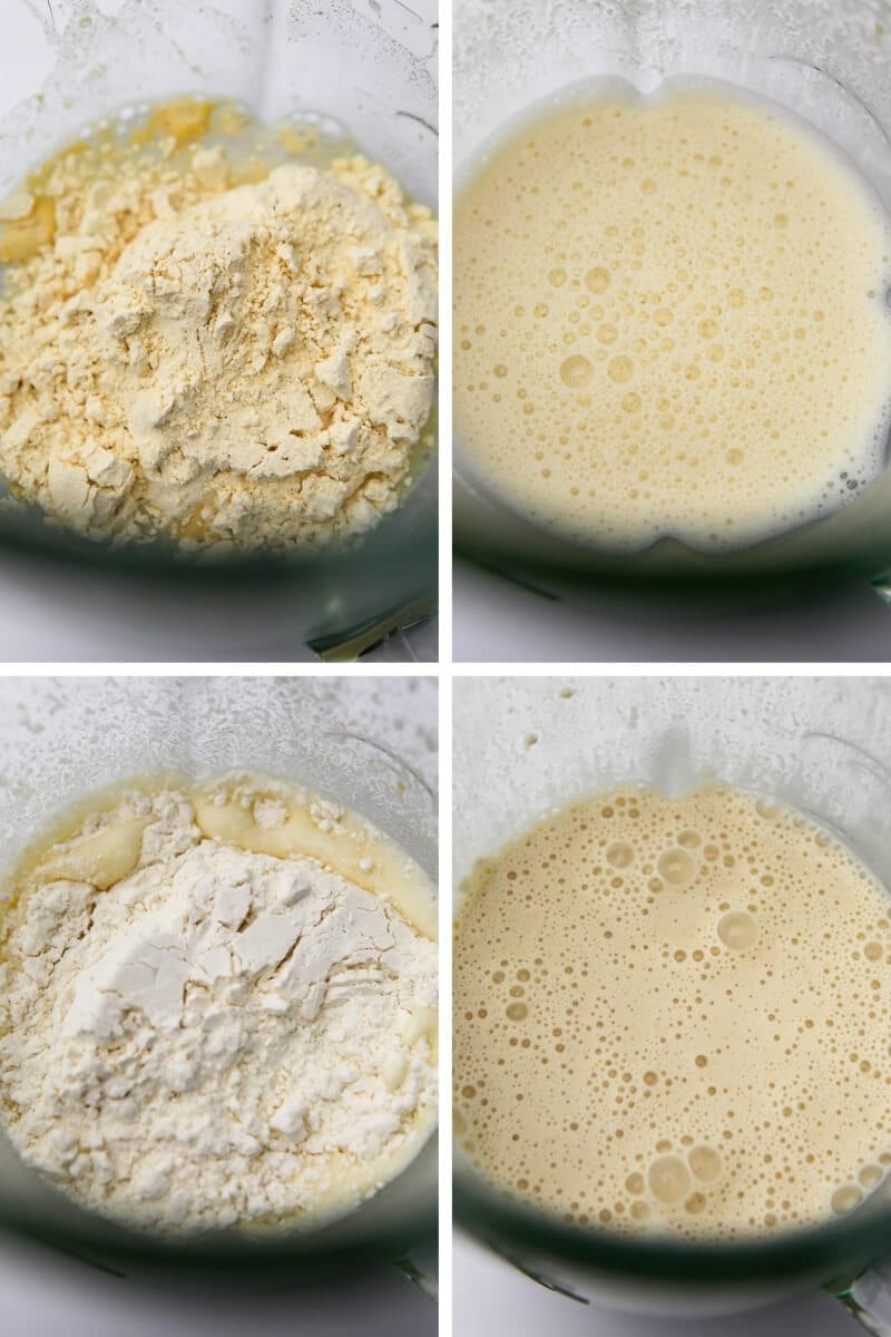 A collage of 4 pictures showing the process steps for making crepe batter in a blender.