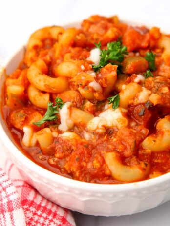 A close up of a bowl of American style vegan goulash.