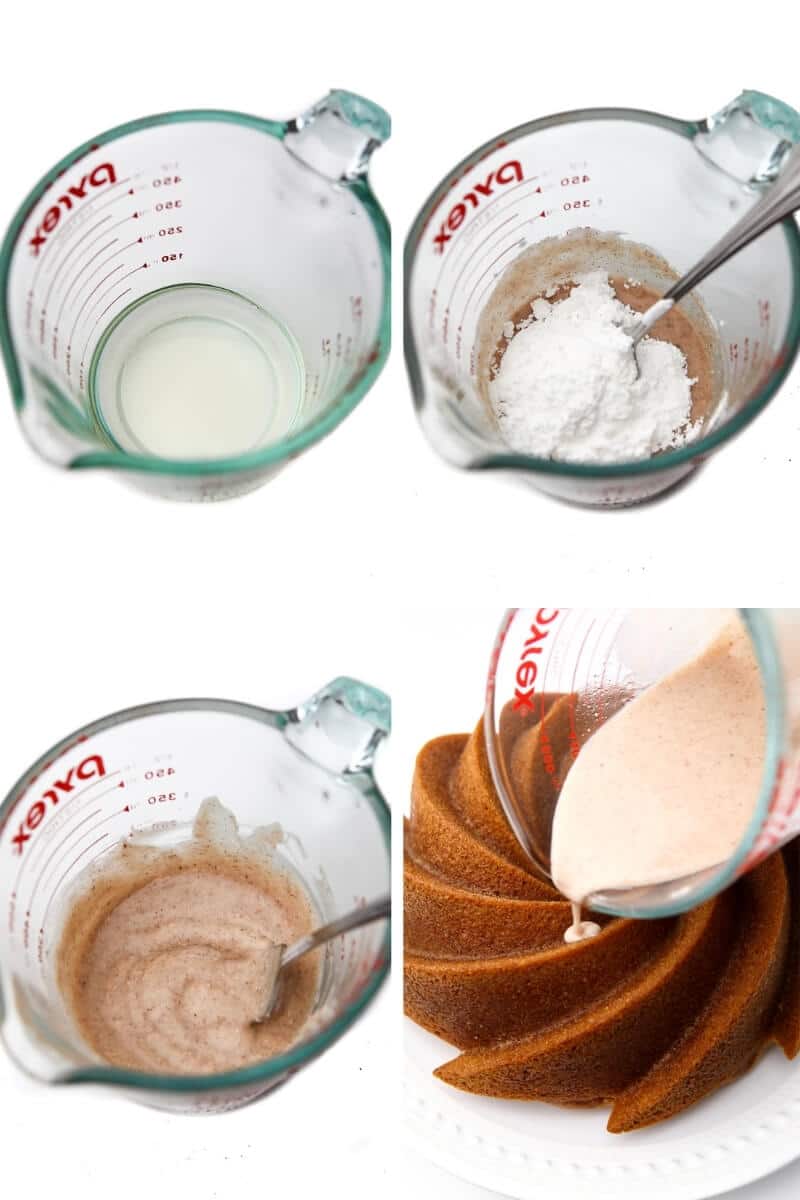 A collage of 4 pictures showing the process of melting coconut oil, and adding powdered sugar and cinnamon to make a vegan icing and pour it over a bundt cake.