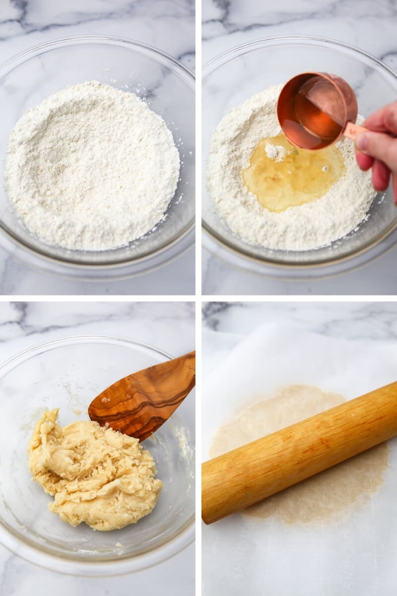 A collage of 4 pictures showing the process steps of mixing the ingredients to make vegan sugar cookie dough and rolling it out between parchment paper.
