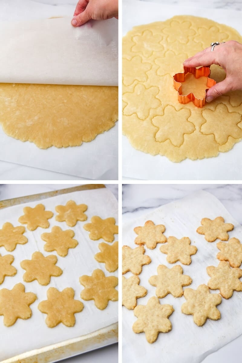 A collage of 4 pictures showing the process steps of peeling off the parchment paper, cutting out the cookies, and baking them.